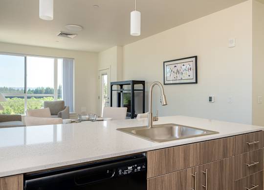 A modern kitchen with a large island and a dishwasher.