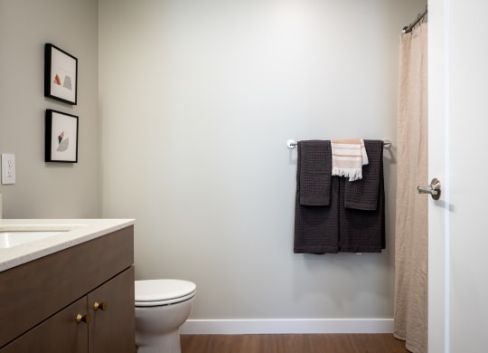 a bathroom with a toilet sink and towel rack and a shower at Slabtown Square Apartments, Portland , OR