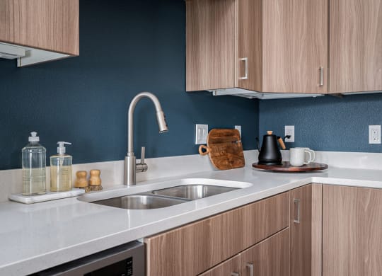 a kitchen with a sink and a faucet