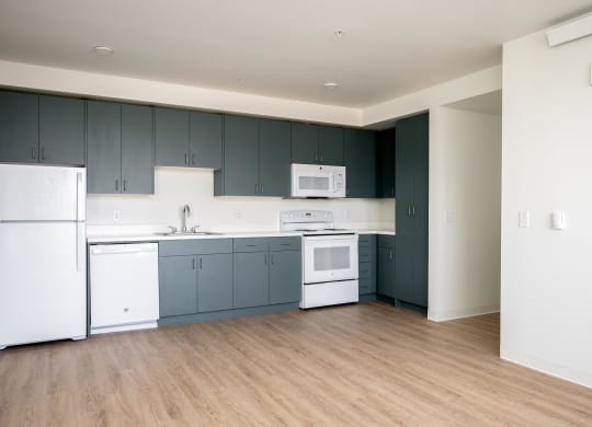 an empty kitchen with white appliances and blue cabinets