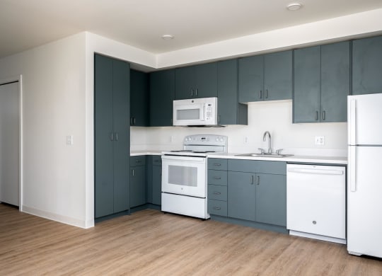 an empty kitchen with blue cabinets and white appliances