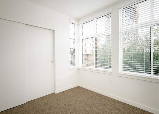 an empty bedroom with three windows and a closet