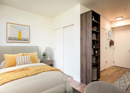 a bedroom with a bed and a closet