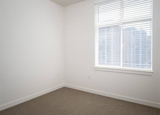 an empty room with a window and a carpet