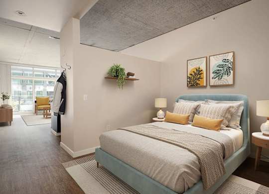 a bedroom with a bed and a closet