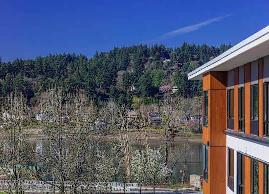 A building with a brown and white exterior sits in front of a body of water and a wooded area.