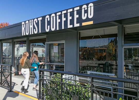 Two women are walking past a coffee shop named RoHst Coffee Co.