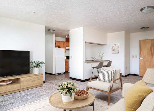 a living room with a tv and a kitchen in the background