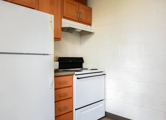 a kitchen with a white refrigerator and a stove