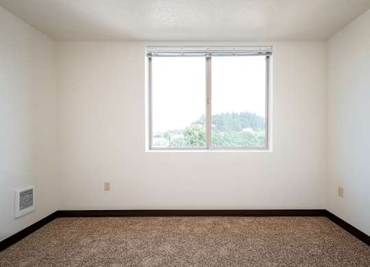 an empty room with a large window and a carpet