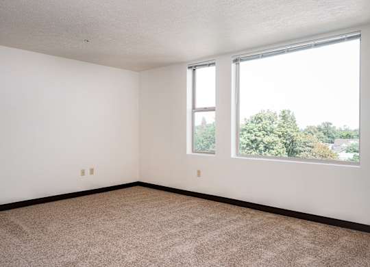 an empty room with two windows and a carpeted floor