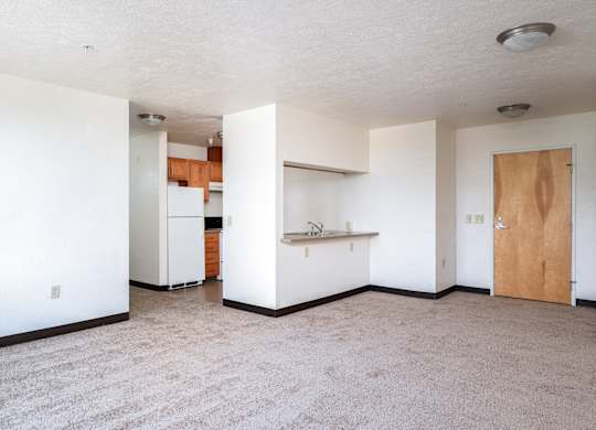 an empty living room and kitchen with a refrigerator and a sink