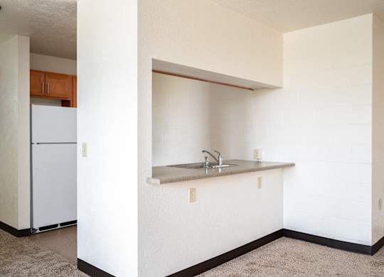 an empty kitchen with a sink and a refrigerator