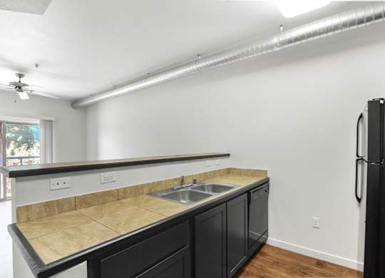 A kitchen with black cabinets and a granite countertop.