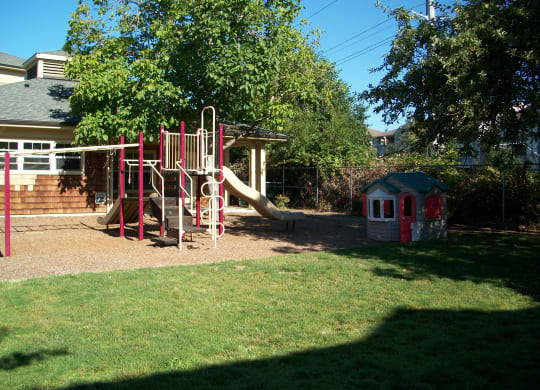 the playground is in the backyard of the house