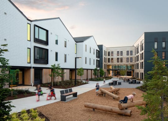 a rendering of a courtyard with children playing