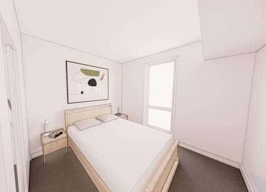 A bedroom with a bed, nightstand, and a painting on the wall.