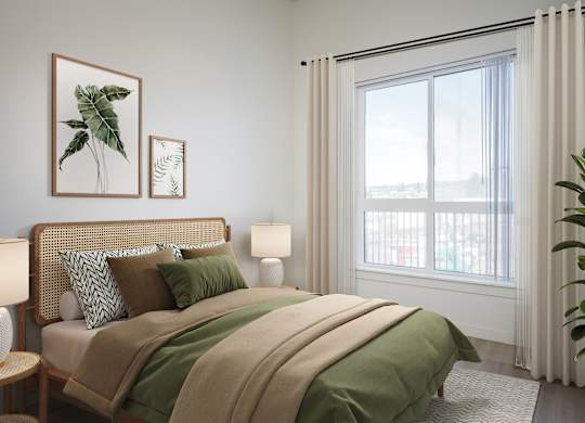 A bedroom with a bed, two lamps, a potted plant, and two framed pictures on the wall.