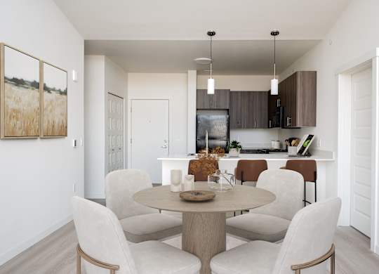 A modern dining room with a table set for six.