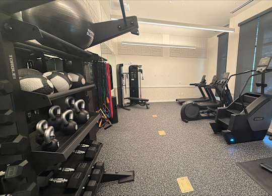 A gym with a variety of equipment including weights and treadmills.