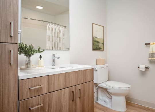 a bathroom with a toilet sink and mirror in a 555 waverly unit