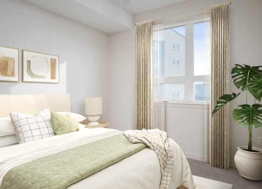 a bedroom with a bed and a window