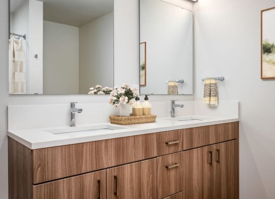 a bathroom with two sinks and a large mirror