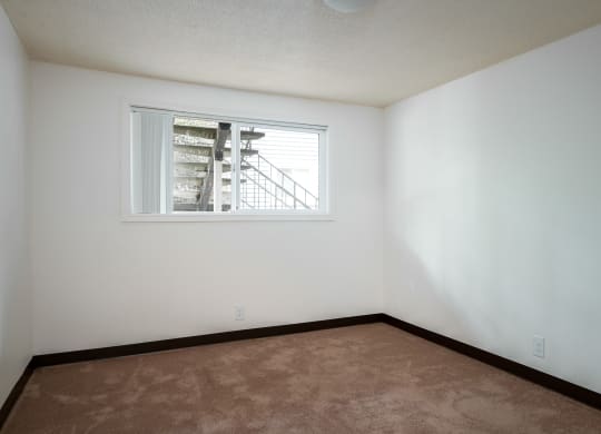 an empty room with a window and a carpet