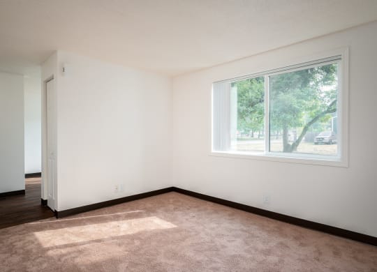 an empty room with a large window and carpet