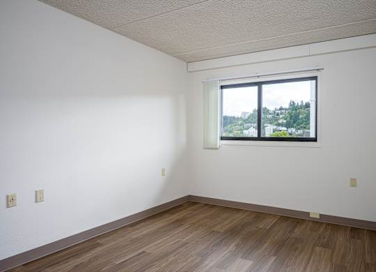 A room with a window and wooden flooring.
