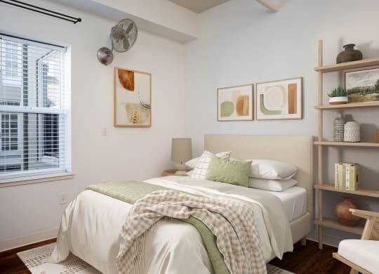 a bedroom with a bed and shelves and a window