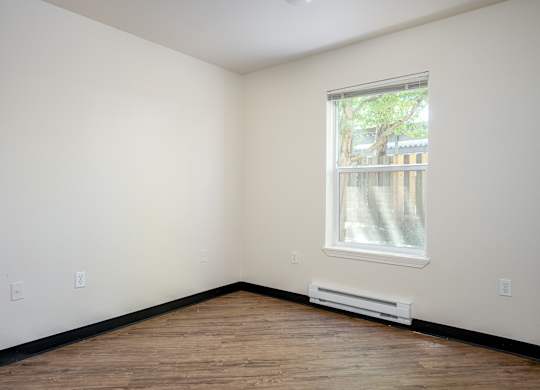 A room with a window and a radiator on the wall.