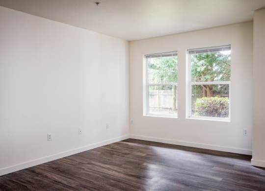 a bedroom with two windows and a hardwood floor