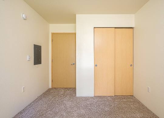 A room with two doors and a carpeted floor.