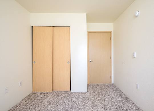 Two doors are closed in a room with carpeted floor.