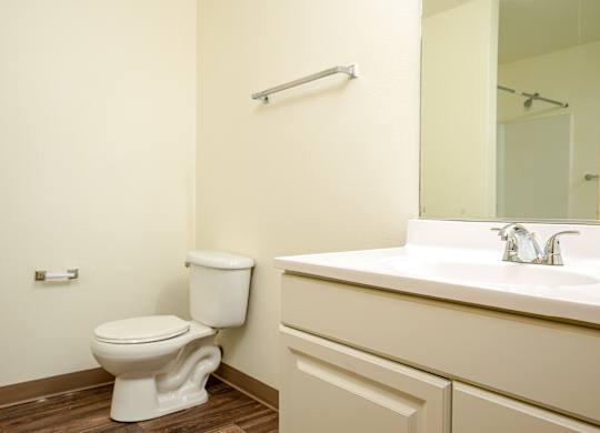 A white toilet sits next to a sink in a bathroom.