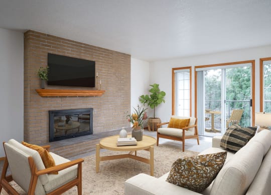 a living room with a fireplace and a sliding glass door