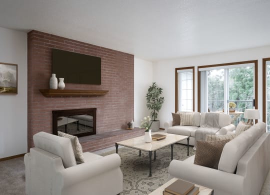 a living room with white furniture and a brick fireplace