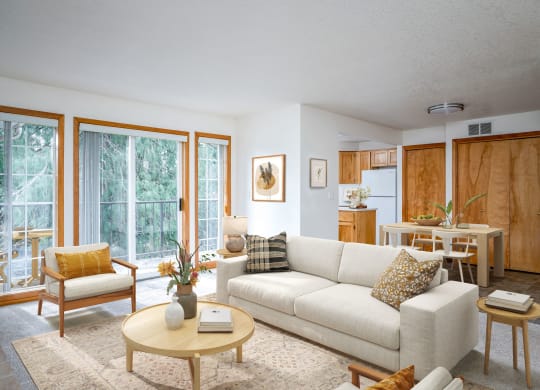 a living room filled with furniture and a large window