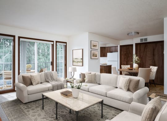 a living room filled with furniture and a large window