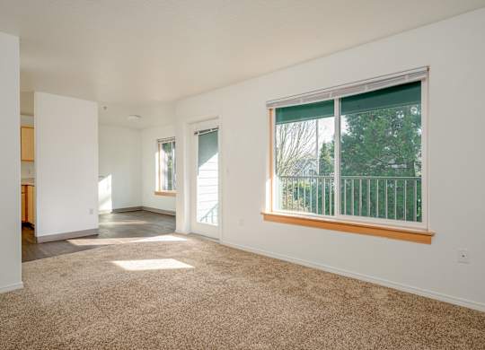 A large empty room with a carpeted floor and a window with a view of a fence and trees.