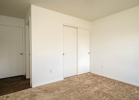 A room with two doors and a carpeted floor.