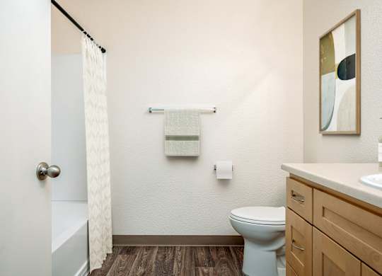A bathroom with a toilet, sink, and shower.