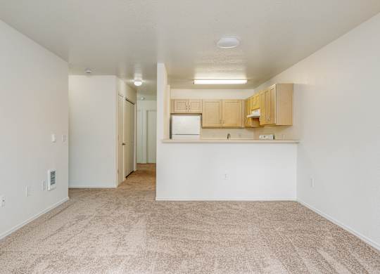 A room with a carpeted floor and a kitchen area in the background.