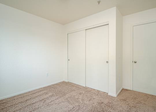 A room with two white doors and carpeted floor.