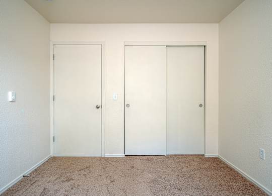 A room with two white doors and carpeted floor.