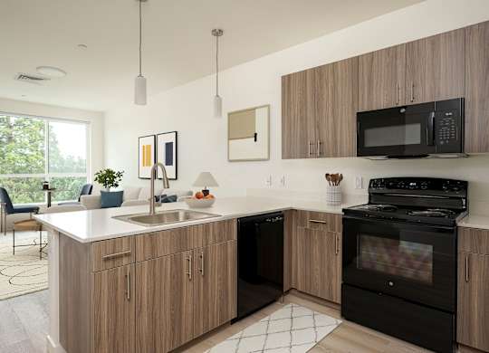 A modern kitchen with wooden cabinets and black appliances.