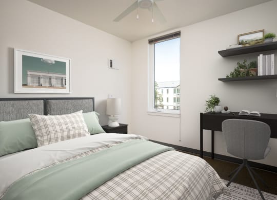 a bedroom with a bed and a desk and a window
