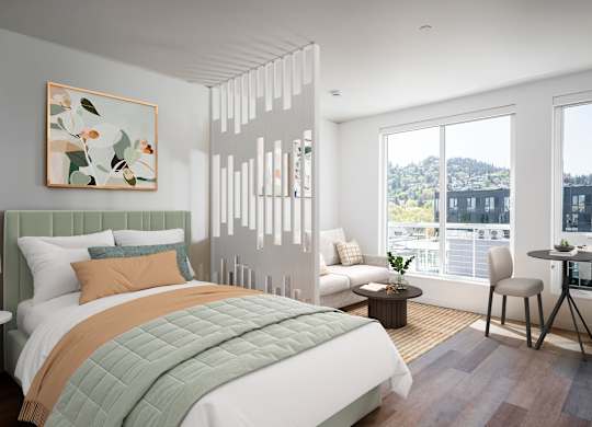 A bedroom with a large bed and a view of the city.