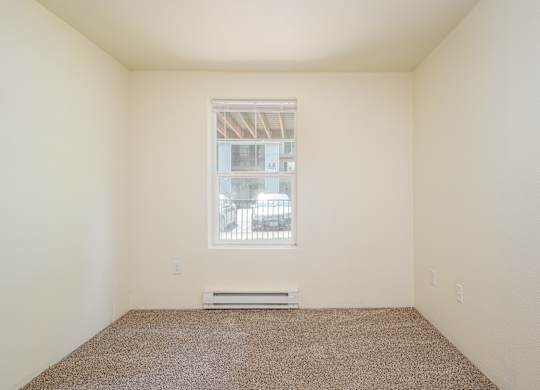 A room with a window and a carpet on the floor.